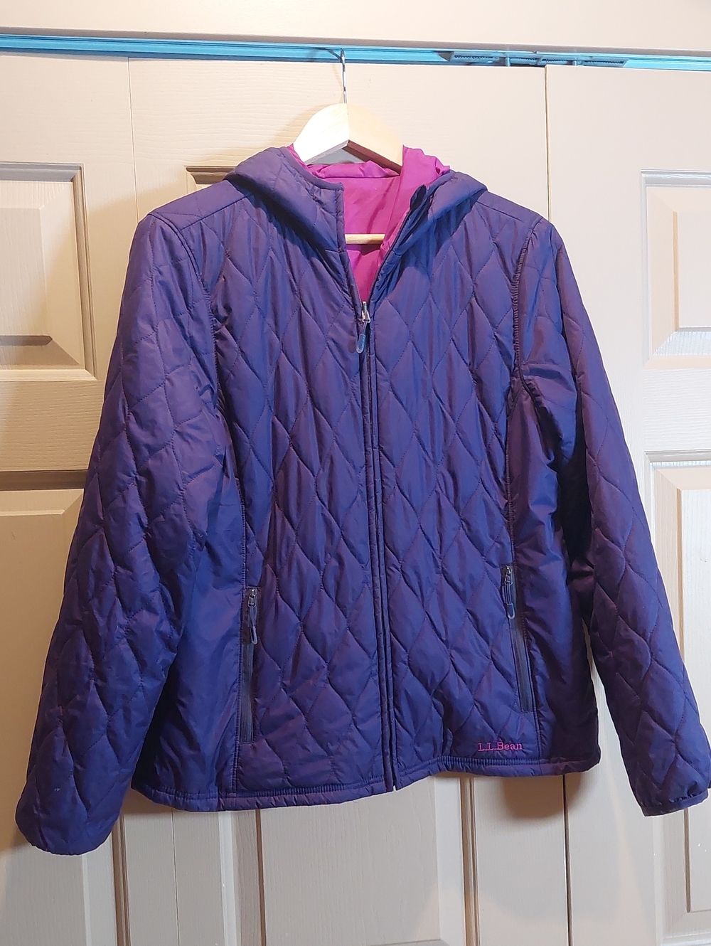 L.L. Bean Quilted Hooded Jacket in Purple with Pink Lining